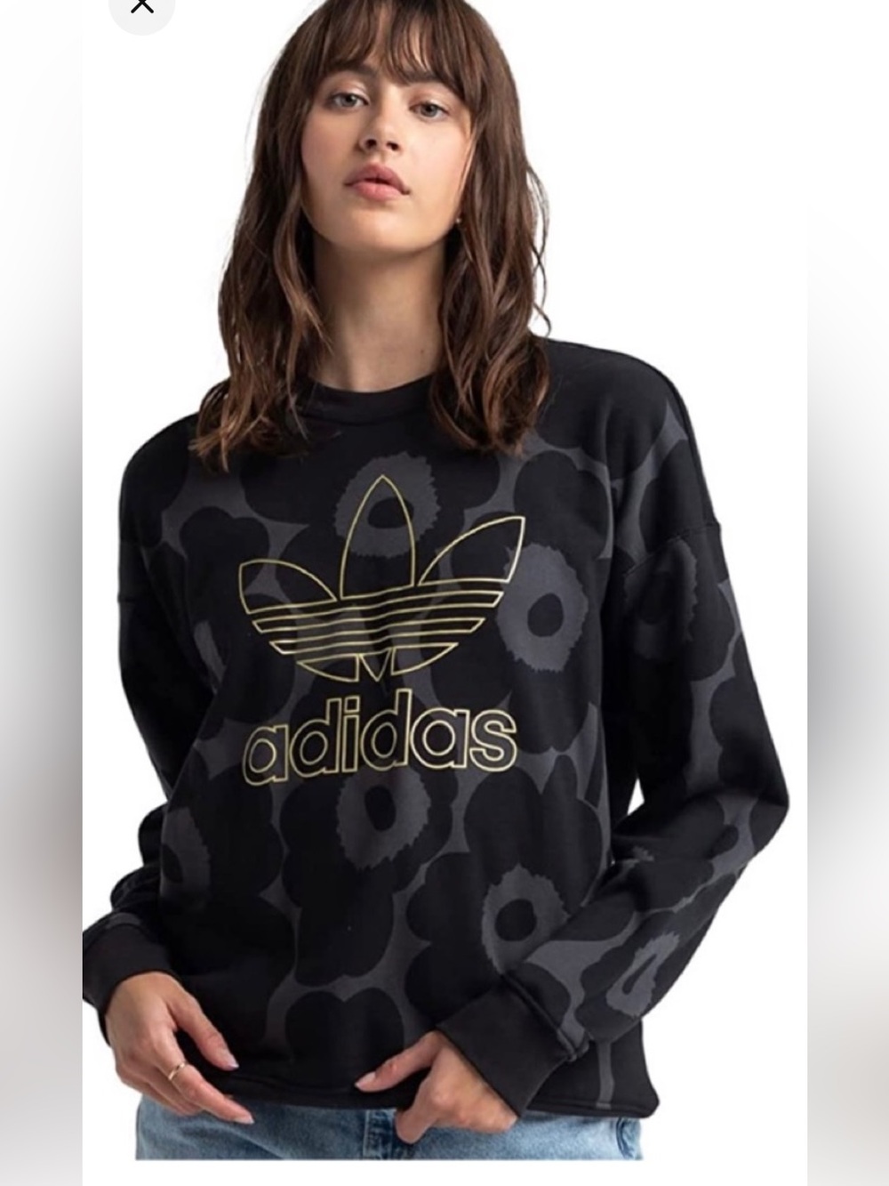 Adidas Marimekko Sweatshirt Crewneck Floral Flower Trefoil Black Gray Womens M